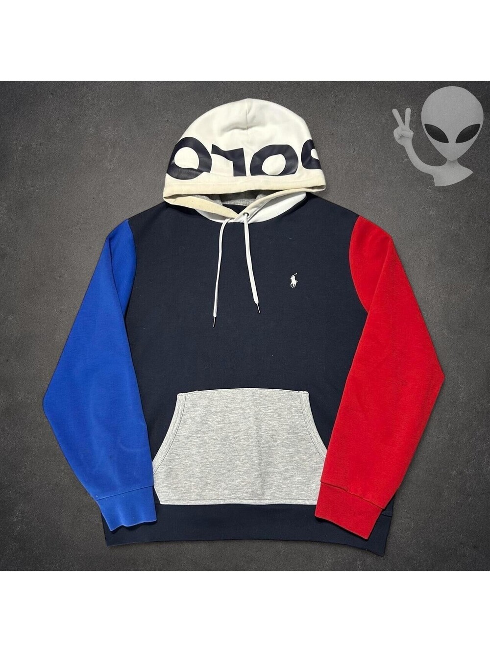 Polo Ralph Lauren Double Knit Tech Hoodie Mens L Navy Colorblock Spellout Hood